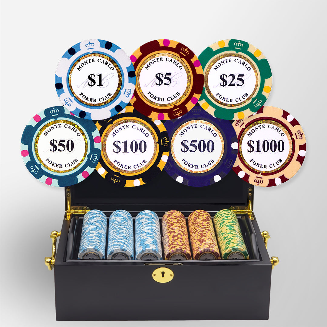 500 Monte Carlo Poker Club Poker Chips Set - Mahogany case | MRC Poker