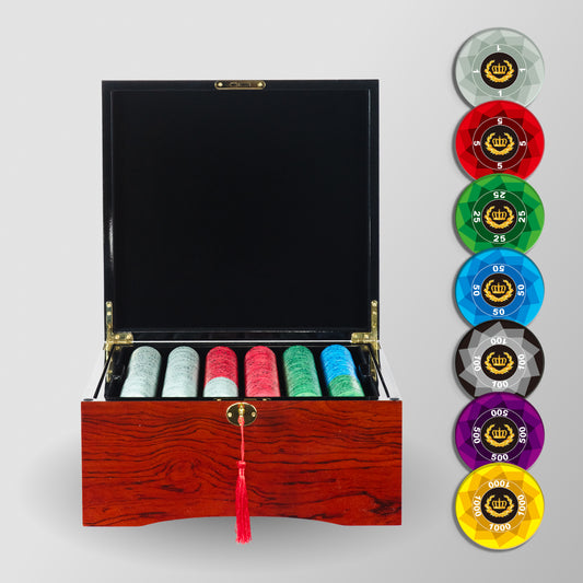 750 PCS Laurel Crown Ceramic Poker Chips Set with Mahogany Case MRCpoker