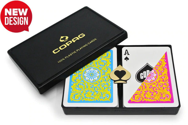 COPAG 1546 NEOTERIC 100% PLASTIC PLAYING CARDS - POKER SIZE REGULAR INDEX PINK/YELLOW DOUBLE DECK SET MRCpoker