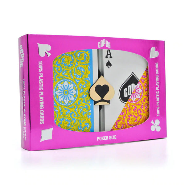 COPAG 1546 NEOTERIC 100% PLASTIC PLAYING CARDS - POKER SIZE REGULAR INDEX PINK/YELLOW DOUBLE DECK SET MRCpoker