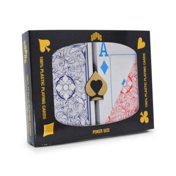 COPAG LEGACY 4-COLOR 100% PLASTIC PLAYING CARDS - POKER SIZE JUMBO INDEX BLUE/RED DOUBLE DECK MRCpoker