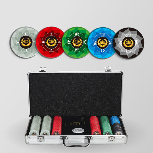 300 PCS Laurel Crown Ceramic Poker Chips Set with Silver Aluminum Case MRCpoker