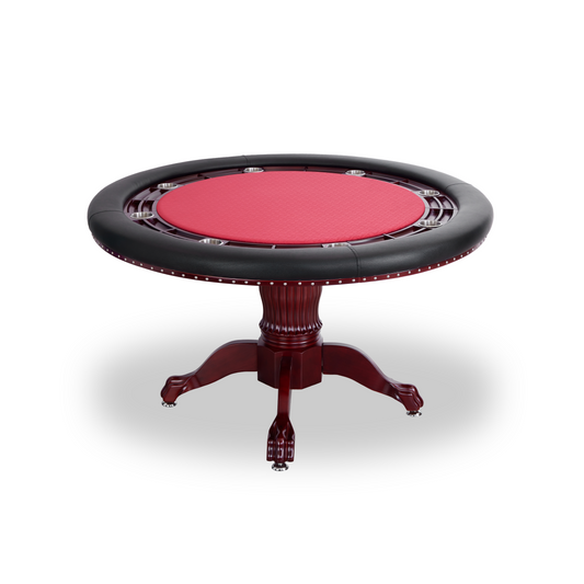 The Mystic 2-in-1 8-Player Round Poker/Dining Table - Red Surface, Dark Brown Pedestal Legs MRCpoker