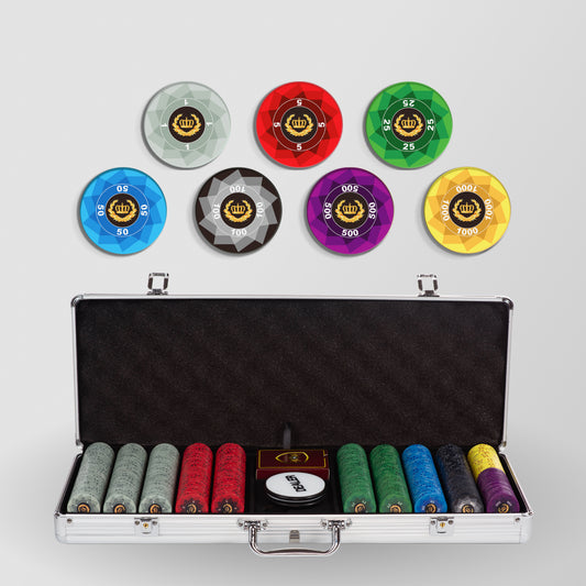 500 PCS Laurel Crown Ceramic Poker Chips Set with Silver Aluminum Case MRCpoker