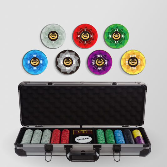 500 PCS Laurel Crown Ceramic Poker Chips Set with Black Aluminum Case MRCpoker