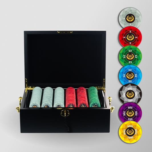500 PCS Laurel Crown Ceramic Poker Chips Set with Mahogany Case MRCpoker