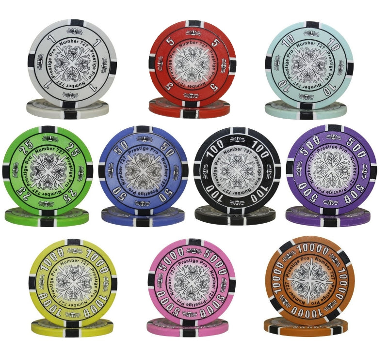500 PCS 14g Prestige Pro Printing Poker Chips Set with Silver Aluminum Case MRCpoker