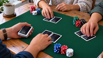 Players handling playing cards around a green poker mat on a wooden table, with stacks of poker chips beside them  | MRC Poker