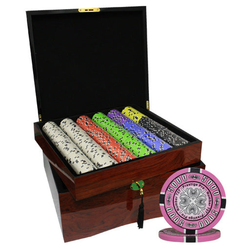 750PCS 14G PRESTIGE PRO PRINTING POKER CHIPS SET WITH MAHOGANY CASE