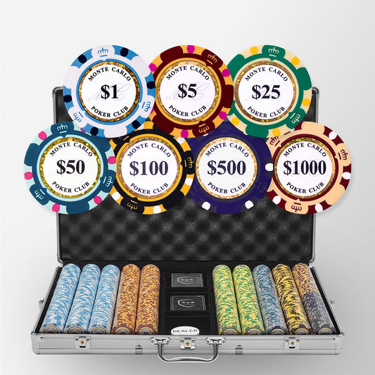 1000 PCS 14g Monte Carlo Poker Club Poker Set with Silver Aluminum Case