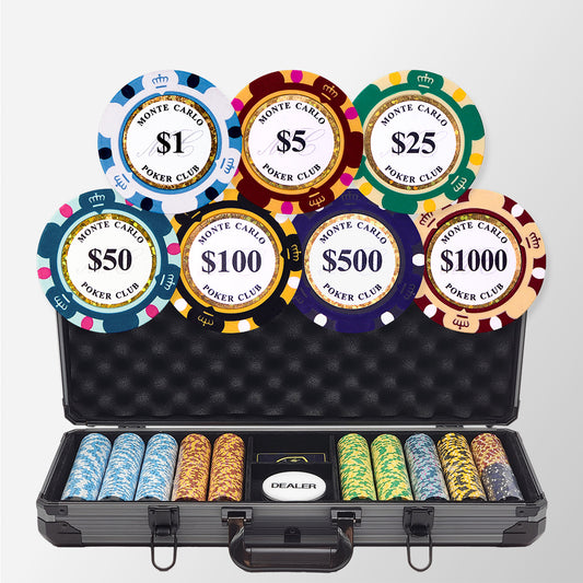 500PCS 14g Monte Carlo Poker Club Poker Chips Set with Black Aluminum Case