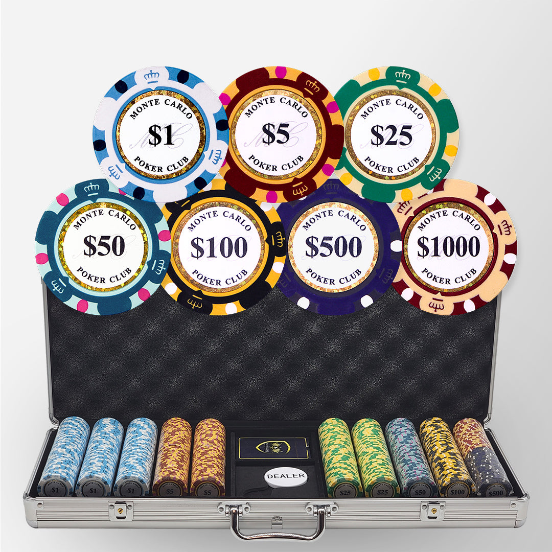 500PCS 14g Monte Carlo Poker Club Poker Chips Set with Silver Aluminum Case MRCpoker