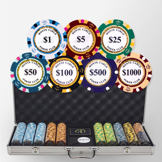 500PCS 14g Monte Carlo Poker Club Poker Chips Set with Silver Aluminum Case