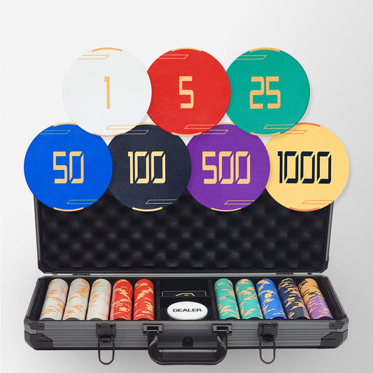 500 PCS Golden Club Ceramic Poker Chips Set with Black Aluminum Case