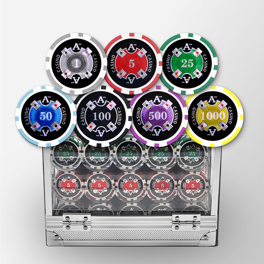 600 PCS 14g Laser Graphic Ace Casino Poker Set with Acrylic Case and Chip Trays