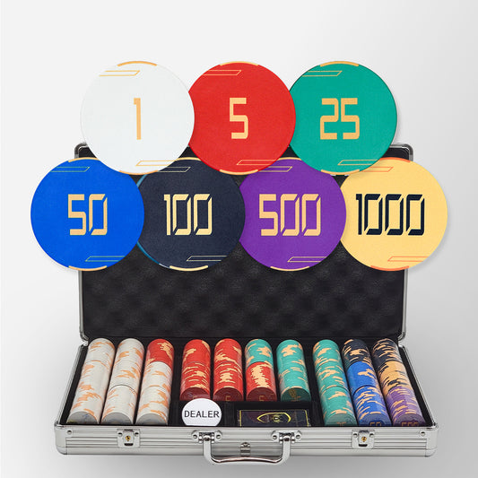 650 PCS Golden Club Ceramic Poker Chips Set with Silver Aluminum Case