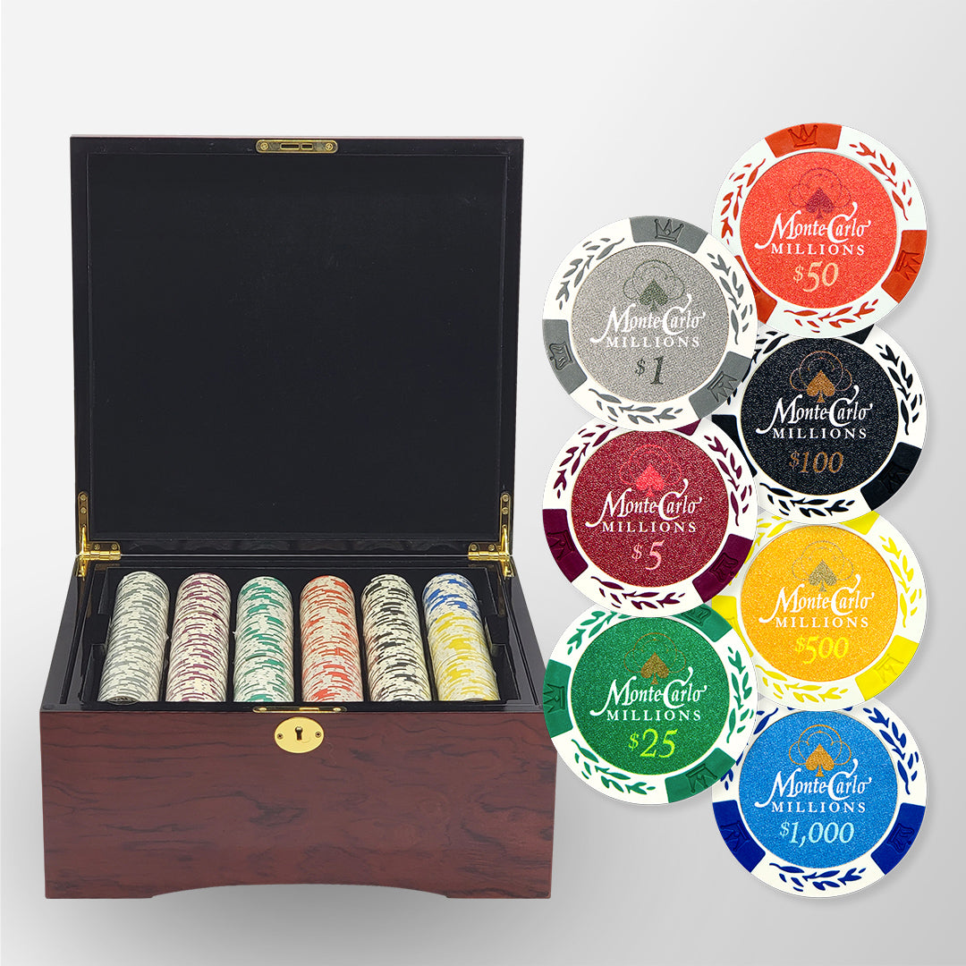 750 PCS 14g Monte Carlo Millions Poker Set with Mahogany Case MRCpoker