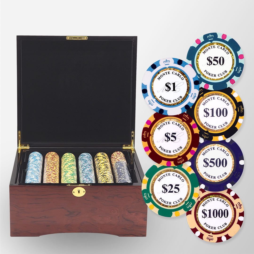 750 PCS 14g Monte Carlo Poker Club Poker Set with Mahogany Case MRCpoker