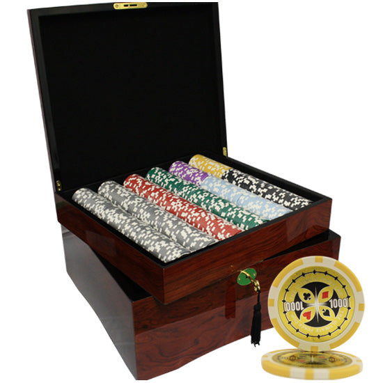 750PCS 14G LASER GRAPHIC ULTIMATE POKER CHIPS SET WITH MAHOGANY CASE