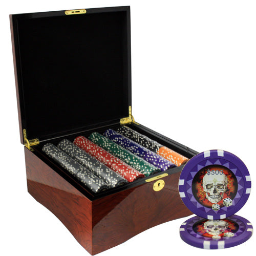 750PCS 13.5G SKULL POKER CHIPS SET WITH MAHOGANY CASE