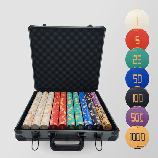 1000 PCS Golden Club Ceramic Poker Chips Set with Black Aluminum Case