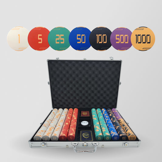 1000 PCS Golden Club Ceramic Poker Chips Set with Silver Aluminum Case