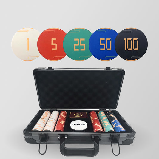 300 PCS Golden Club Ceramic Poker Chips Set with Black Aluminum Case