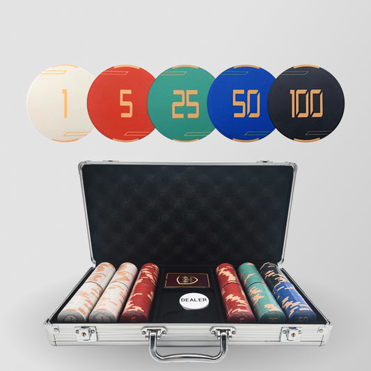 300 PCS Golden Club Ceramic Poker Chips Set with Silver Aluminum Case