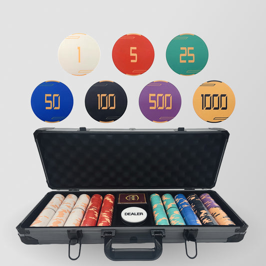 500 PCS Golden Club Ceramic Poker Chips Set with Black Aluminum Case