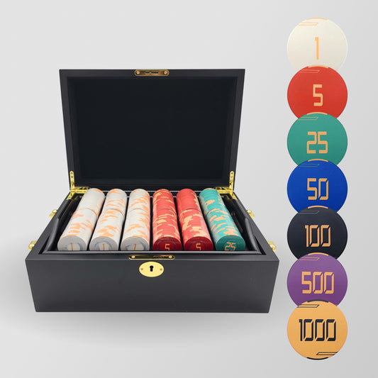 500 PCS Golden Club Ceramic Poker Chips Set with Mahogany Case