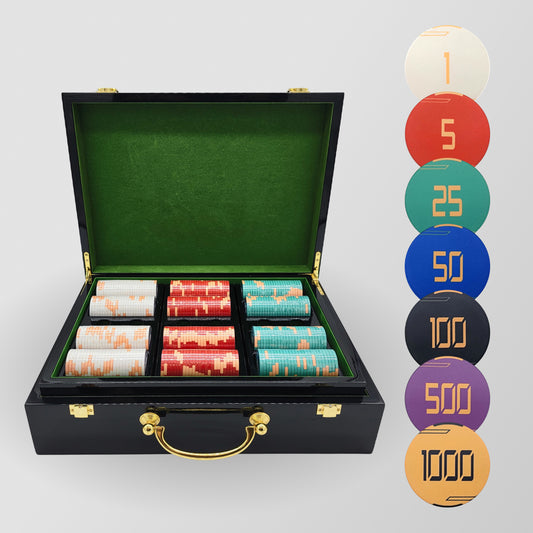 500 PCS Golden Club Ceramic Poker Chips Set with High Gloss Case