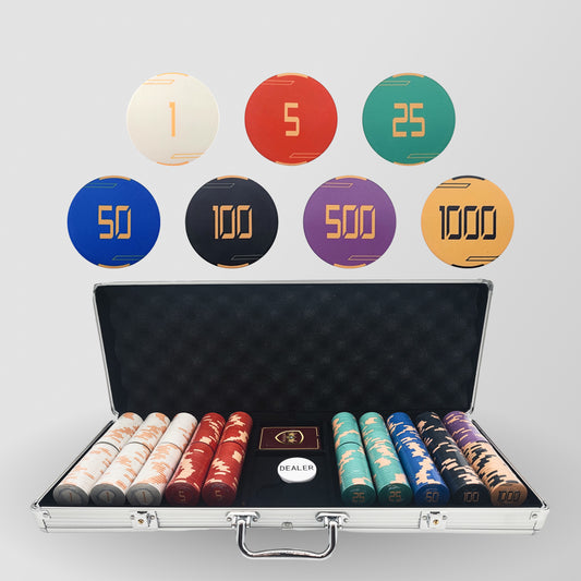 500 PCS Golden Club Ceramic Poker Chips Set with Silver Aluminum Case