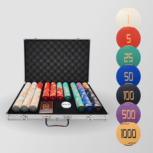 650 PCS Golden Club Ceramic Poker Chips Set with Silver Aluminum Case