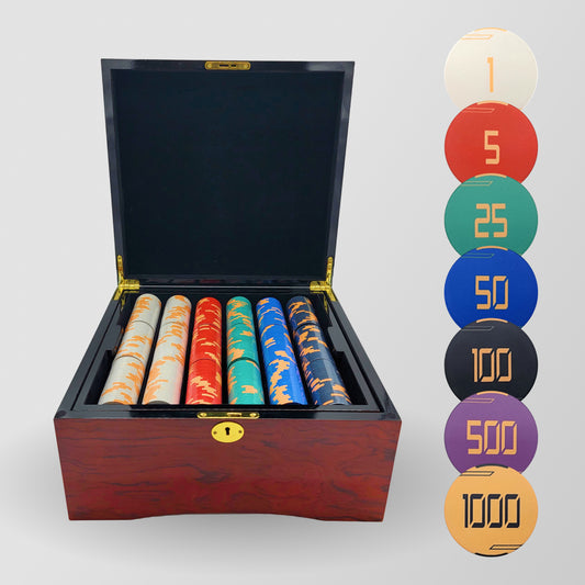 750 PCS Golden Club Ceramic Poker Chips Set with Mahogany Case