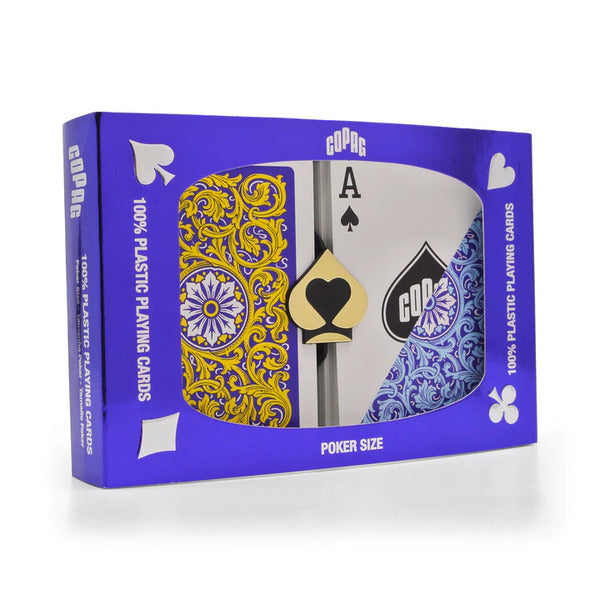 COPAG 1546 NEOTERIC 100% PLASTIC PLAYING CARDS - POKER SIZE REGULAR INDEX BLUE/YELLOW DOUBLE DECK SET MRCpoker