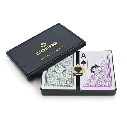 COPAG LEGACY SERIES 100% PLASTIC PLAYING CARDS - POKER SIZE JUMBO INDEX GREEN/PURPLE DOUBLE DECK SET