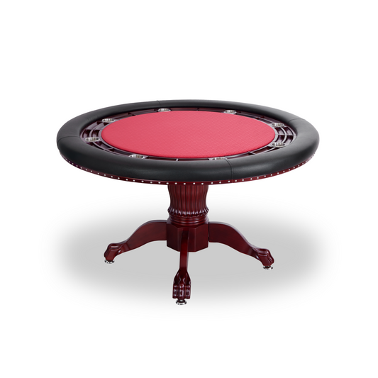 The Mystic 2-in-1 8-Player Round Poker/Dining Table - Red Surface, Dark Brown Pedestal Legs