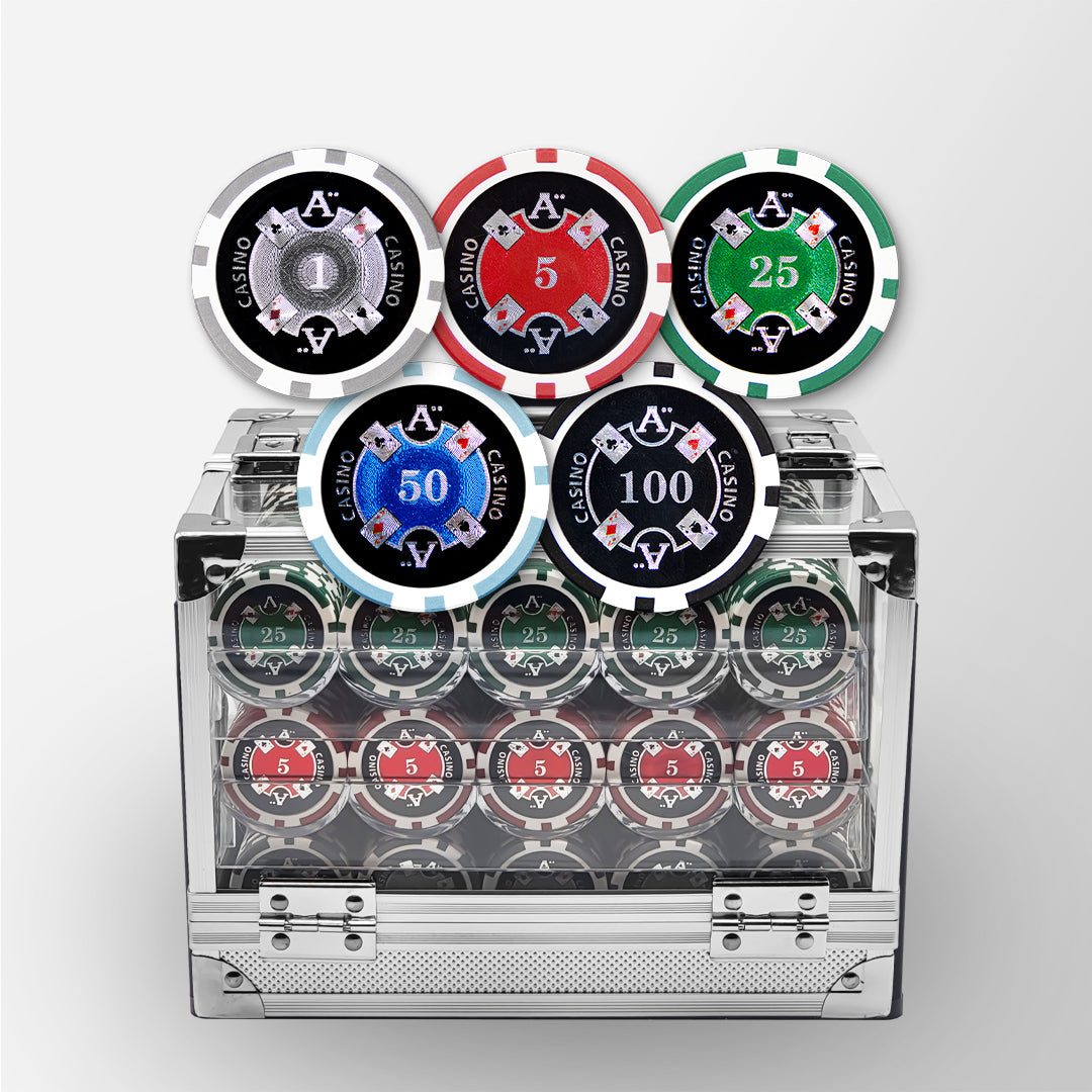 600 PCS 14g Laser Graphic Ace Casino Poker Set with Acrylic Case and Chip Trays MRCpoker