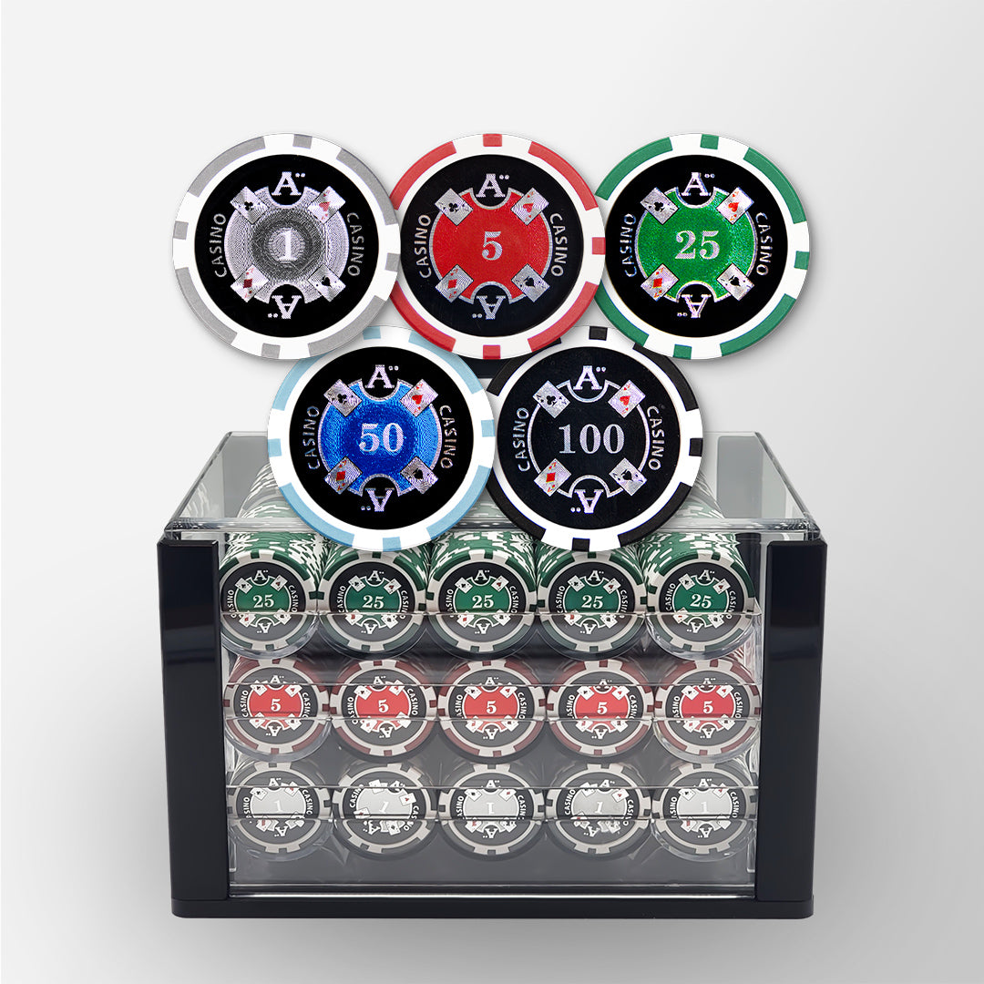 600 PCS 14g Laser Graphic Ace Casino Poker Set with Acrylic Case and High-End Chip Trays MRCpoker
