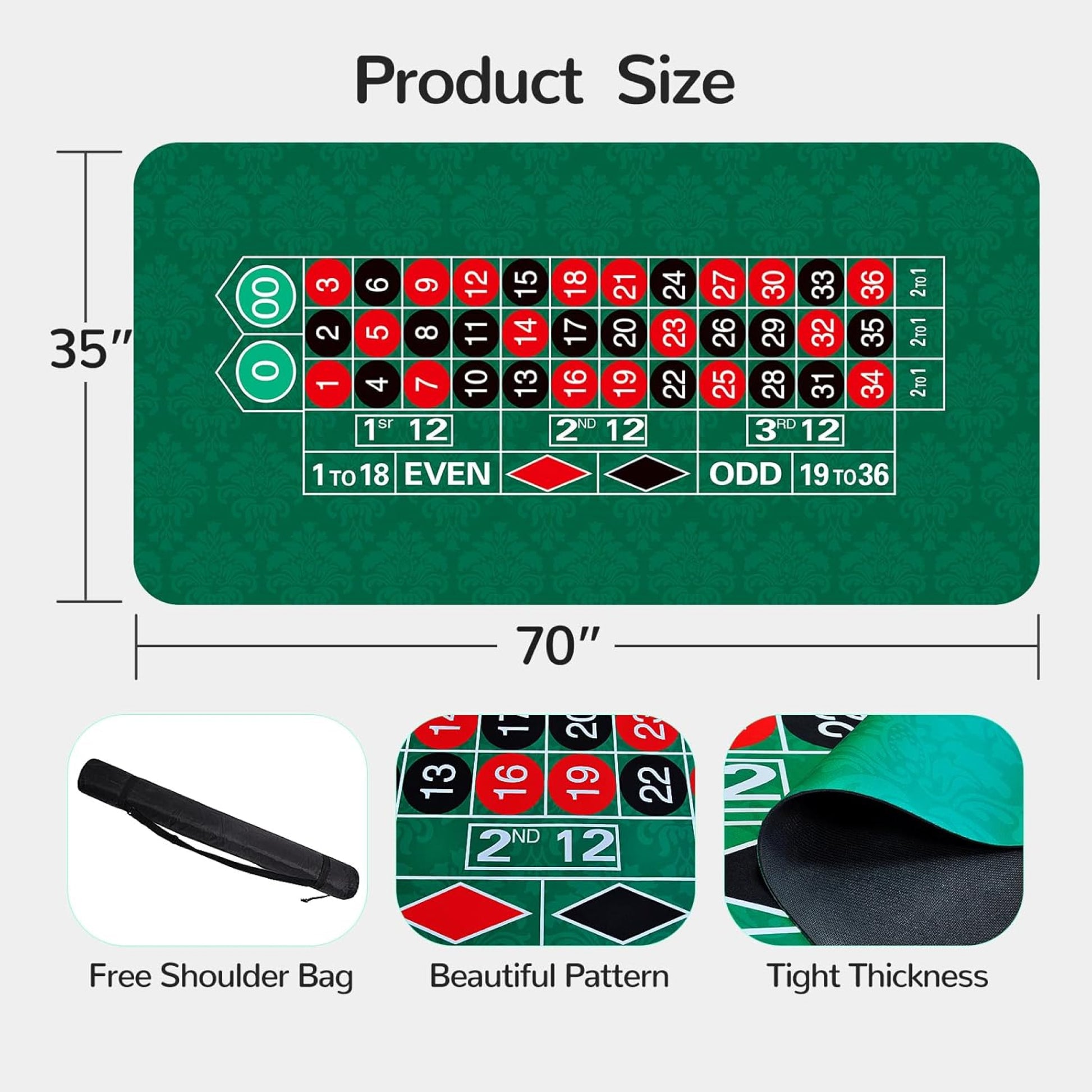 70"x35" Roulette Table Mat Portable Table Top - Green MRC Poker Store